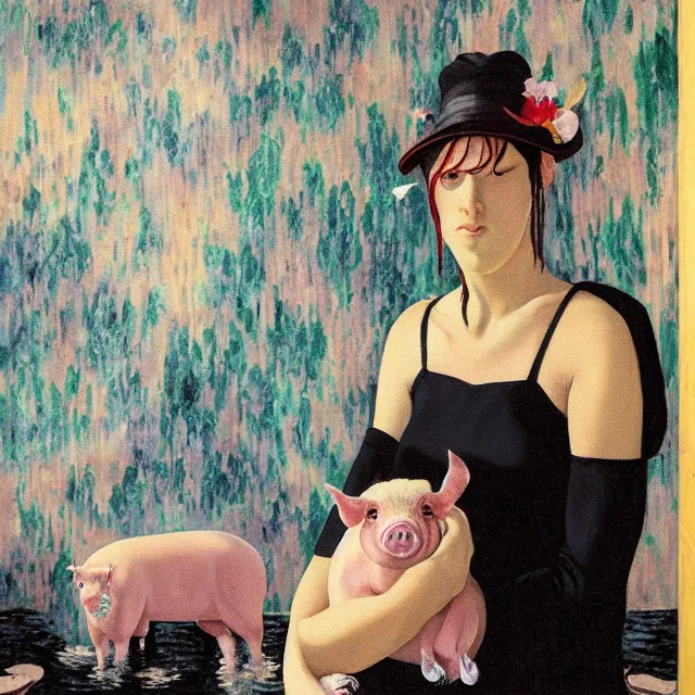 Image similar to tall female emo artist holding a pig in her flooded bathroom, water gushing from ceiling, painting of flood waters inside an artist's bathroom, a river flooding indoors, pomegranates, pigs, ikebana, zen, water, octopus, river, rapids, waterfall, black swans, canoe, berries, acrylic on canvas, surrealist, by magritte and monet