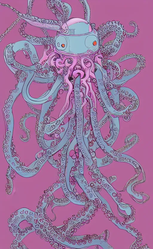 Prompt: robotic octopus by miyazaki, violet and pink and white palette, illustration, kenneth blom, mental alchemy, james jean, pablo amaringo, naudline pierre, contemporary art, hyper detailed