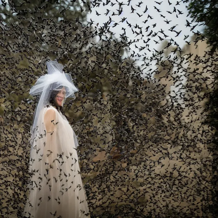 Image similar to a woman wearing a veil made of birds, in an abandoned theme park, by omar z. robles, canon eos c 3 0 0, ƒ 1. 8, 3 5 mm, 8 k, medium - format print