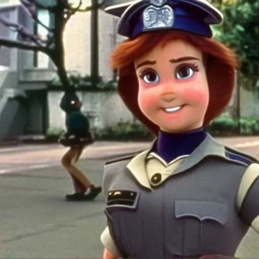 Prompt: film still, Judy Hopps as a real human young policewoman, from Police Academy 2 (1985)