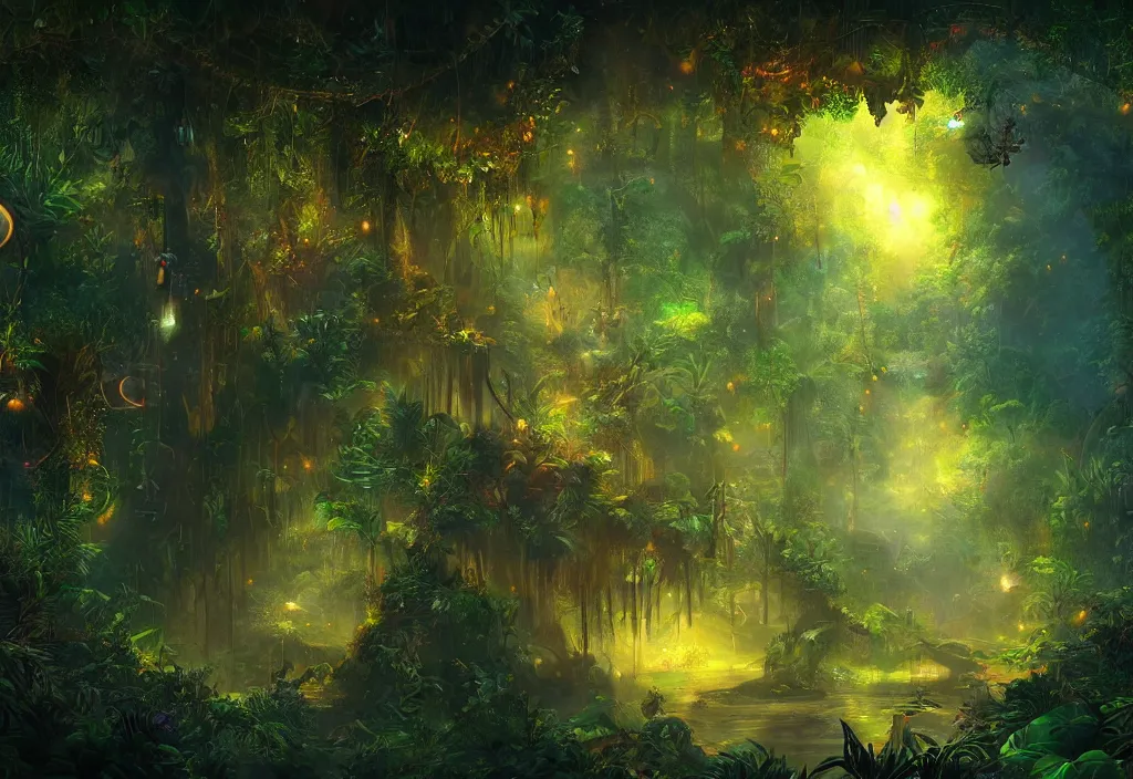 Prompt: a beautiful enchanted glowing heavenly seamless jungle scenery, fireflies, fantasy, artstation, digital art,