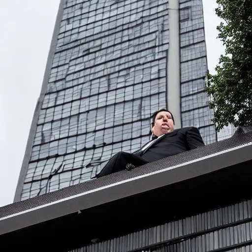 Prompt: Jon Favreau as clean-shaven Happy Hogan wearing a black suit and black necktie and black dress shoes is climbing up the side of a tall building in an urban city. The sky is filled with dark clouds and the mood is ominous.