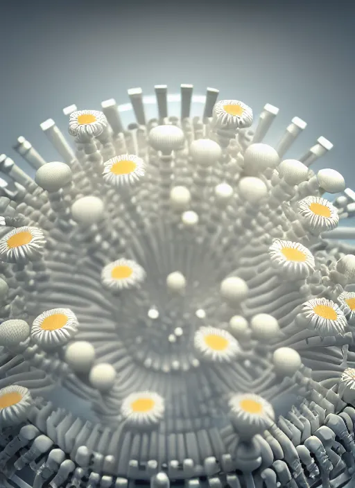 Prompt: perfume bottle standing in the center of a biomechanical white enchanted coral reef made of daisies in an ivory room well contoured smooth fair walls, up close shot, sharp focus, global illumination, radiant light, alexandre ferra white mecha, irakli nadar, octane highly render, 4 k, ultra hd,