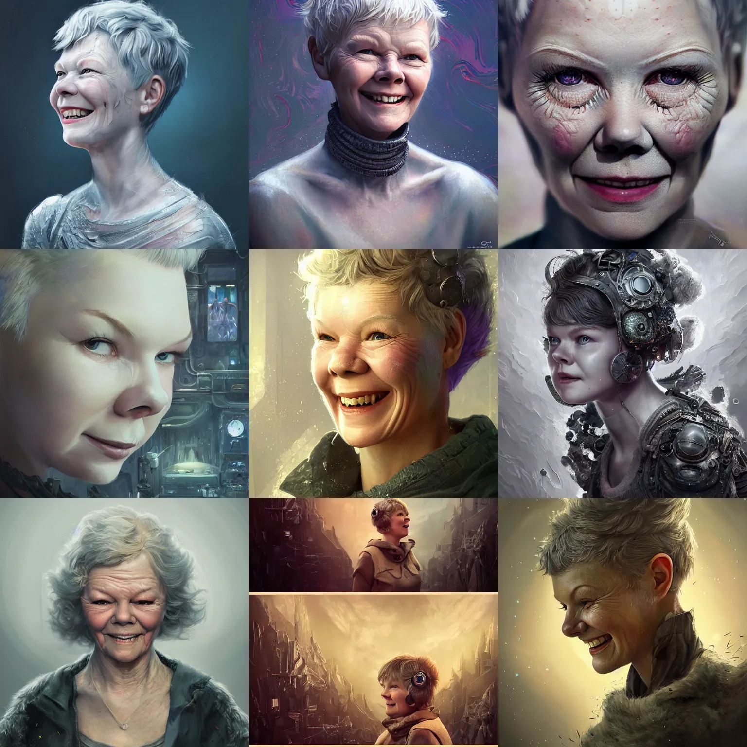 Prompt: Very very very very highly detailed epic central composition studio photography of Judy Dench smiling, intricate, dystopian, sci-fi, extremely detailed, digital painting, artstation, concept art, smooth, sharp focus, illustration, studio lighting, incredible art by Anna Dittmann and Anton Pieck