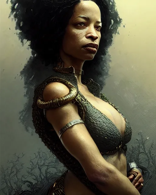 Image similar to karrine steffans, character portrait, portrait, close up, concept art, intricate details, highly detailed by greg rutkowski, michael whelan and gustave dore