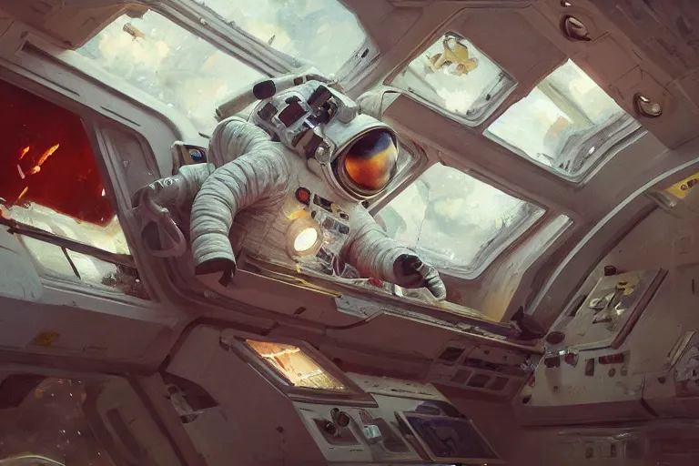 Image similar to an astronaut in a floating art museum, art museum full of paintings, expressive oil painting, by greg rutkowski, by james gilleard, digital, trending on artstation, octane render, highly detailed, detailed astronaut