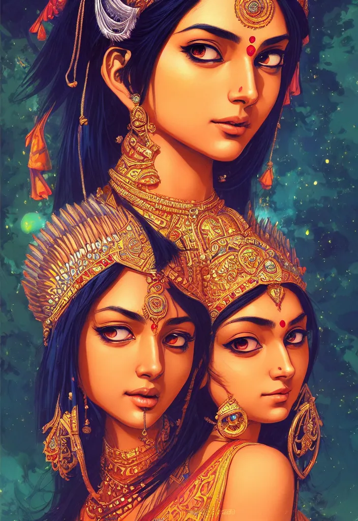 Prompt: a comic portrait of an indian goddess, realistic shaded perfect face, fine details. cosmic setting. anime style. realistic shaded lighting poster by ilya kuvshinov katsuhiro, magali villeneuve, artgerm, jeremy lipkin and michael garmash, rob rey and kentaro miura style, trending on art station