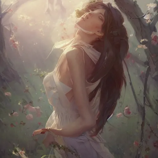 Image similar to awoke to sweet smell of spring, by wlop, artgerm, greg rutkowski