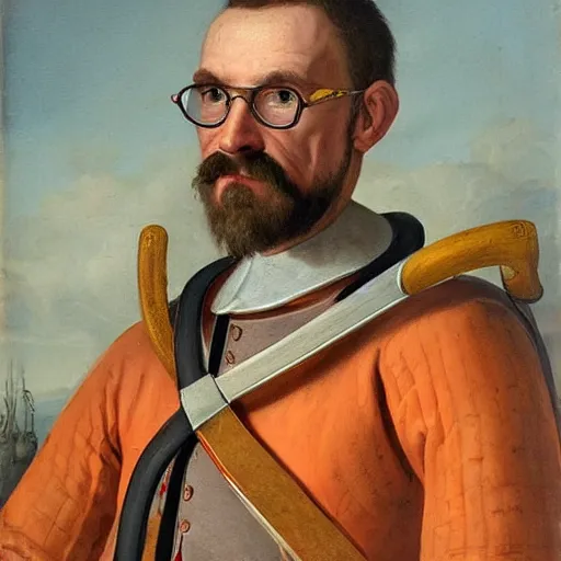 Image similar to dutch golden age painting portrait of gordon freeman wearing a hev suit, very detailed, very intricate, 8 k,