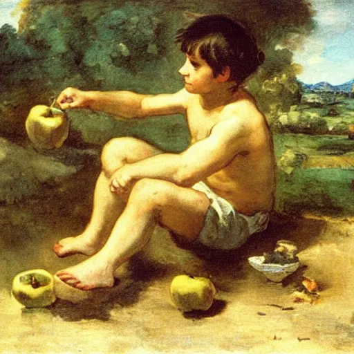 Image similar to tom sawyer eating an apple, illustration by eugene delacroix