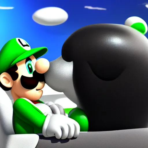 Prompt: luigi sitting next to tux in front of a computer, hugging each other, cute digital art, 4 k