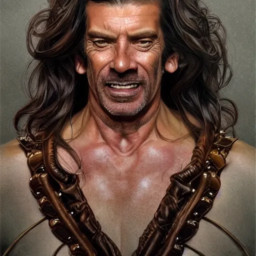 Image similar to portrait of greasy strangler, soft hair, muscular, half body, leather, hairy, d & d, fantasy, intricate, elegant, highly detailed, digital painting, artstation, concept art, smooth, sharp focus, illustration, art by artgerm and greg rutkowski and alphonse mucha