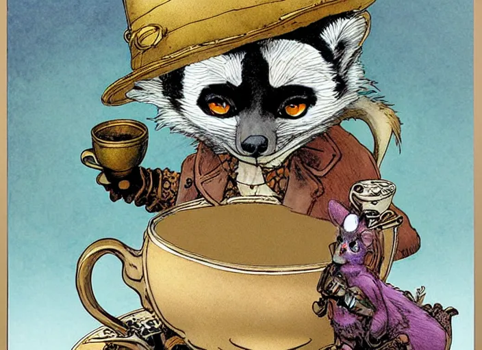 Prompt: an steampunk lemur having a cup of tea, muted colors, by rebecca guay, michael kaluta, charles vess and jean moebius giraud