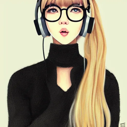 Prompt: realistic beautiful gorgeous natural cute Blackpink Lalisa Manoban blonde hair cute fur blonde cat ears, wearing headphones. wearing black leather choker, wearing glack glasses, in sweaters outfit golden eyes artwork drawn full HD 4K highest quality in artstyle by professional artists WLOP, Taejune Kim, Guweiz, ArtGerm on Artstation Pixiv