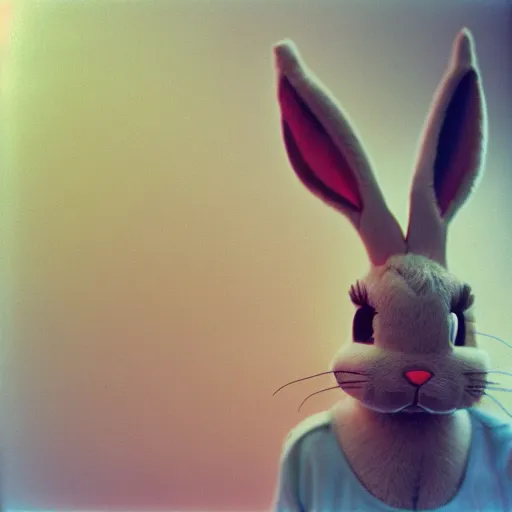 Image similar to Portrait of a bugs bunny, Expired Burned Film from 1930s, Softbox Lighting, 85mm Lens F/1.8