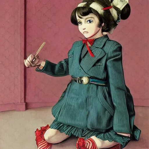 Prompt: little girl wearing an gucci's outfit. art made by hirohiko araki, inspired by balthus, highly detailed, realistic,