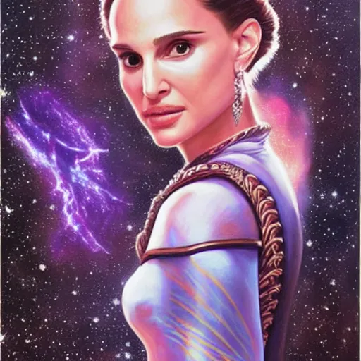 Image similar to a beautiful painting of a ornate highly detailed natalie portman as princess leia, nebulas in the background