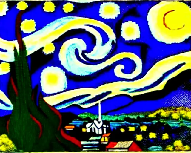 Prompt: Starry Night by van Gogh, re imagined as a Giorgio de Chirico painting