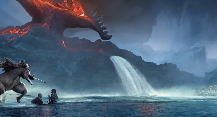 Image similar to Danny Devito riding unicorn in a lake of lava, concept art by Doug Chiang cinematic, realistic painting, high definition, digital art, symmetrical, very detailed, extremely high detail, photo realistic, concept art, unreal engine 5,