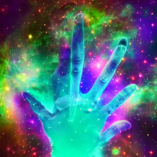 Prompt: a hand reaching out from a nebula, digital art, psychedelic, 8K