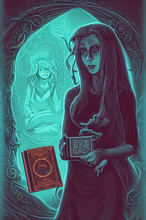 Image similar to ai illustration of romantic girl, her cat and her book of necronomicon, symmetrical, cinematic, sharp focus, 4 k, ultra hd, sense of awe, sinister demonic atmosphere, dreadful, forbidden knowledge, old gods, cthulhu, yog - sothoth! yah, yah, yah! cultist journal cover