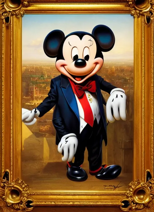 Prompt: formal portrait of mickey mouse as donald trump, digital art by eugene de blaas, ross tran, and nasreddine dinet, vibrant color scheme, intricately detailed, in the style of romanticism, cinematic, artstation, greg rutkowski