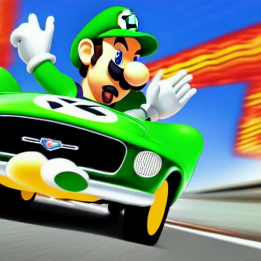 Prompt: luigi from super mario brothers driving a ford mustang, cartoon