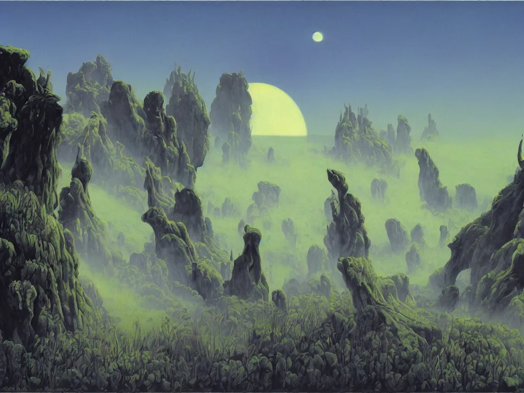 Prompt: Selenar masquerade wild dance. Harsh light, serenity, crater, dust. Painting by Roger Dean.