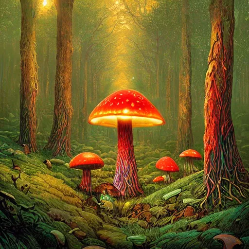 Image similar to a magic mushroom, psychedelic in nature, dendritic spores, stretching out through the forest :: extremely detailed landscape, concept art by Dan Mumford :: a masterpiece by Greg Rutkowski