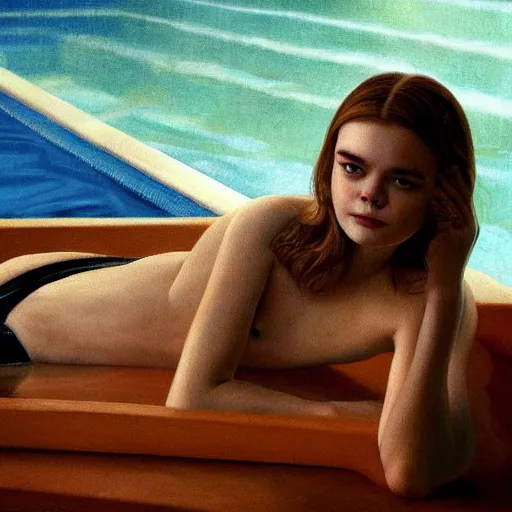 Image similar to Elle Fanning at the pool in the world of Jamie Coreth, head and shoulders portrait, stormy weather, extremely detailed masterpiece, oil on canvas, low-key neon lighting, artstation, Blade Runner 2049, Roger Deakin’s cinematography, by J. C. Leyendecker and Peter Paul Rubens and Edward Hopper and Michael Sowa,