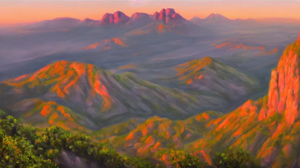 Prompt: High-Quality realist painting of Montserrat Mountain at dawn, peaceful, very detailed, digital art.