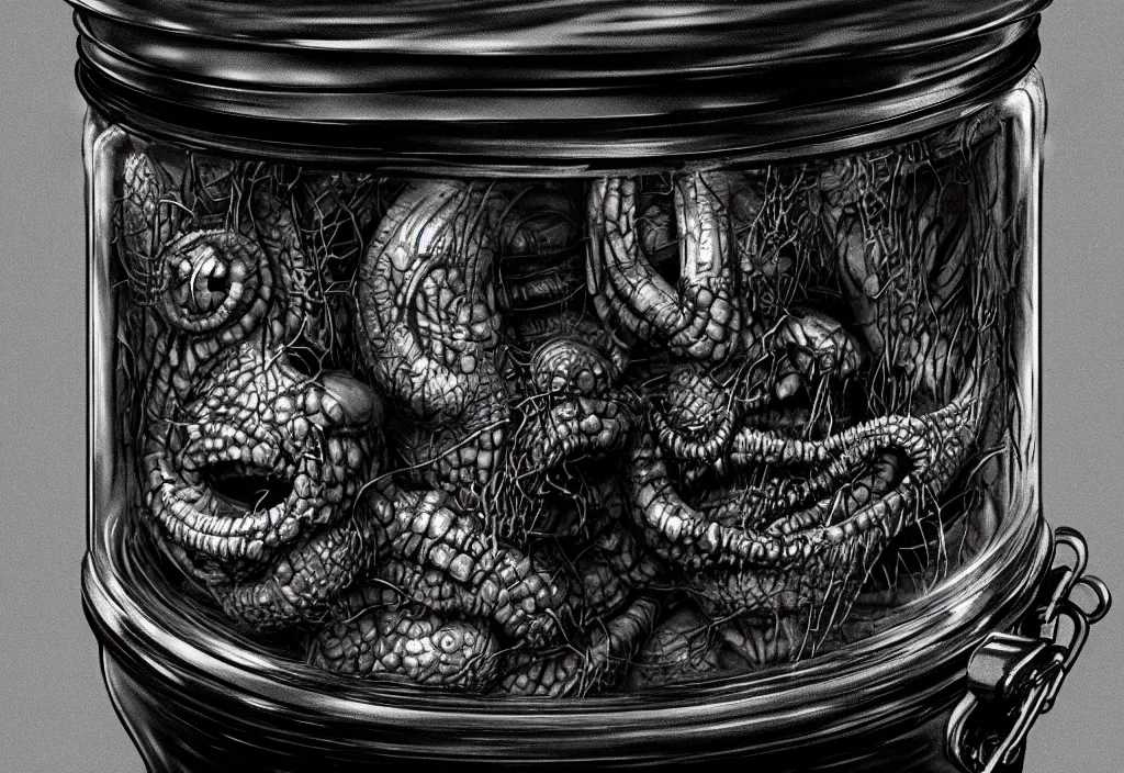 Image similar to Photorealistic miniature monster inside a jar on clean background by H.R. Giger, KDA and Sam Yang, trending on artstation