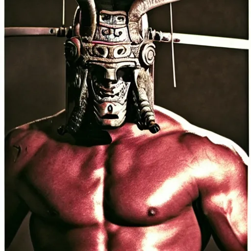 Image similar to fierce big muscular samurai wearing a cybernetic oni mask, accurate very wellmade movie still