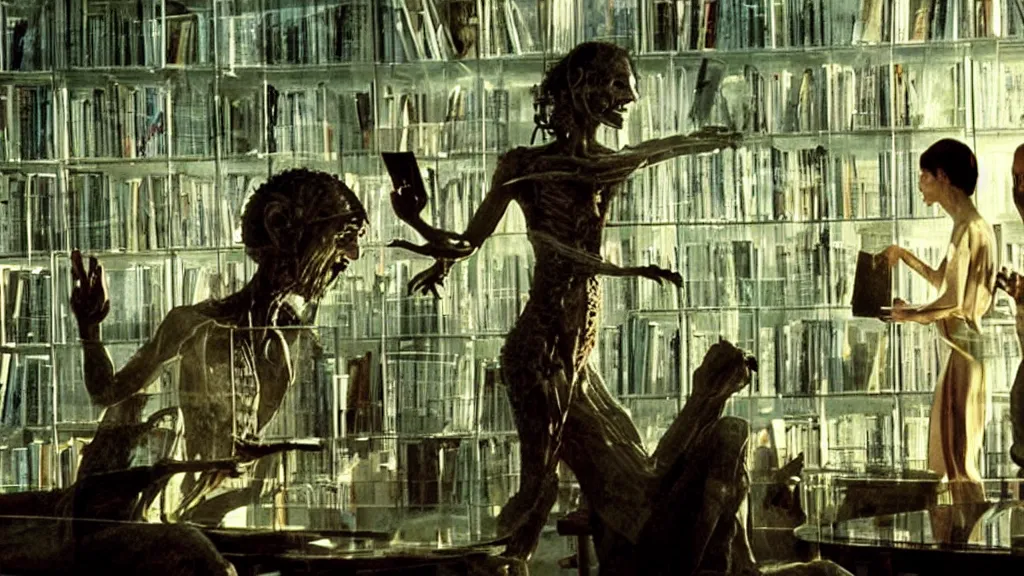 Prompt: the transparent library, it is furious, film still from the movie directed by denis villeneuve and david cronenberg with art direction by salvador dali and frank frazetta