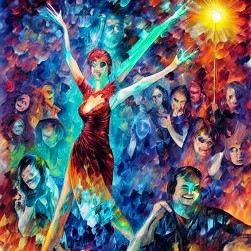 Image similar to rave dance party with lasers by arthur adams, charlie bowater, leonid afremov, chiho ashima, karol bak, david bates, tom chambers