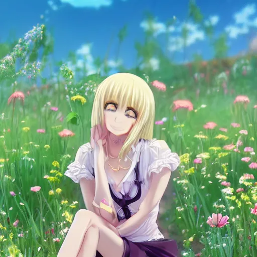 Image similar to beautiful anime transgender blonde girl sitting in a field full of flowers, highly detailed, realistic, dynamic lighting, cinematic, masterpiece, trending on artstation,-W 768