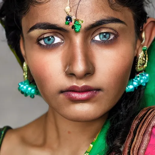 Prompt: close - up view, studio photographic portrait of beautiful indian girl in sari, green or blue eyes, haunting, dynamic lighting
