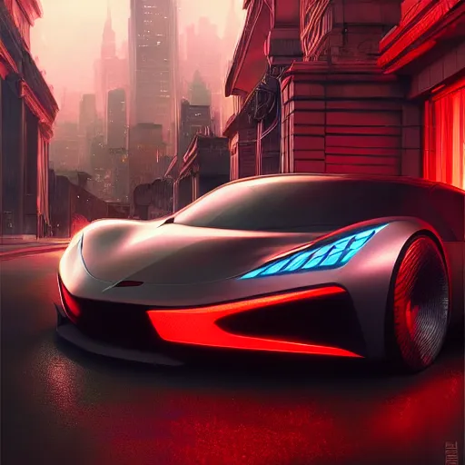 Prompt: detailed intricate digital illustration by greg rutkowski and artgerm and wlop ; 2 0 2 4 concept car electric vehicle, sharp, smooth, closeup view ; bright, glowing, led headlights and sleek design ; sharp focus, depth of field, car rig shot from the batman