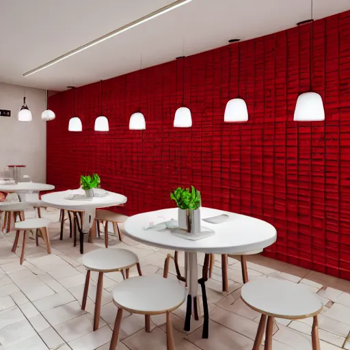 Image similar to a beautiful simple interior render of roasted string hotpot restaurant restaurant yan'an, wall corner, from china, red paper wall and white tile floor, white porcelain table, with merchant logo, fine simple delicate structure, chinese style, simple composition, simple style structure decoration design, victo ngai, 4 k hd