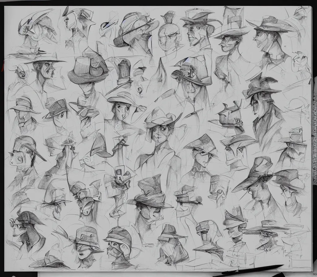 Image similar to many sketches of different types of hats, on a notebook page, pencil, by Peter Mohrbacher technical drawing