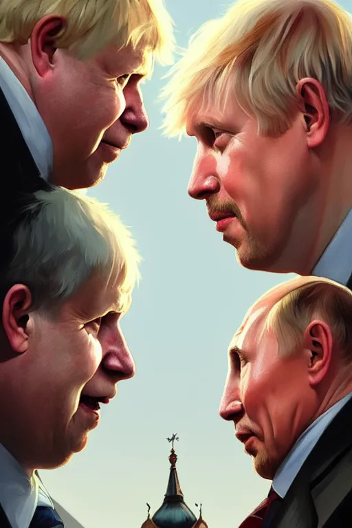 Image similar to Boris Johnson vs Putin face to face, highly detailed, digital painting, artstation, concept art, smooth, sharp focus, illustration, cinematic lighting, art by artgerm and greg rutkowski and alphonse mucha