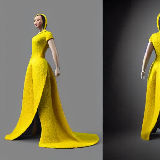 Prompt: a dress inspired by bananas, costume design, sharp focus, very detailed, 4 k, octane render, photo taken by nikon