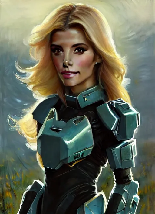 Prompt: portrait of a combination of Ashley Greene, Victoria Justice, Adriana Dxim, Grace Kelly and Lily Collins with blonde hair wearing Forerunner Armor from Halo, countryside, calm, fantasy character portrait, dynamic pose, above view, sunny day, thunder clouds in the sky, artwork by Jeremy Lipkin and Giuseppe Dangelico Pino and Michael Garmash and Rob Rey and Greg Manchess and Huang Guangjian, very coherent asymmetrical artwork, sharp edges, perfect face, simple form, 100mm