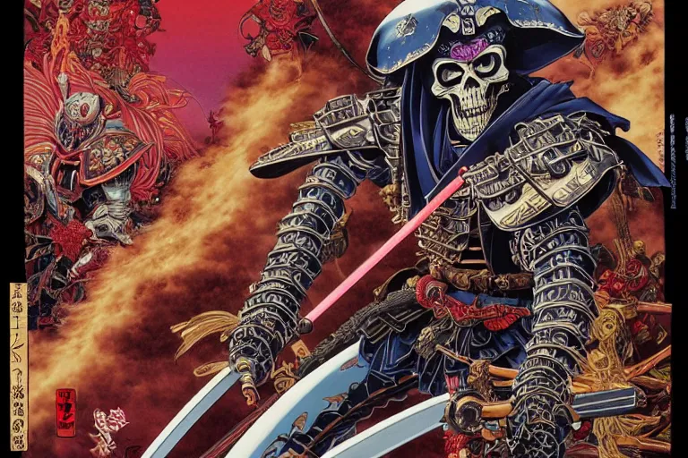 Image similar to poster of crazy skeletor samurai with japanese armor and helmet, by yoichi hatakenaka, masamune shirow, josan gonzales and dan mumford, ayami kojima, takato yamamoto, barclay shaw, karol bak, yukito kishiro