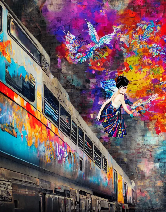 Prompt: semi semi realistic digital painting!! beautiful geisha flying over a colorful subway train yard, grunge, graffiti, tags, dramatic, xray melting colors!!, long lens, shallow depth of field, bokeh, anamorphic lens flare, 8 k, hyper detailed, 3 5 mm film grain