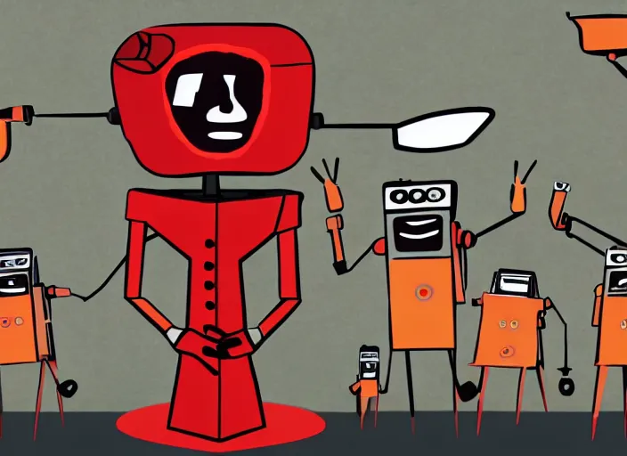 Image similar to dystopian art, a pizza slice robot dictator delivering a propaganda speech to human robots