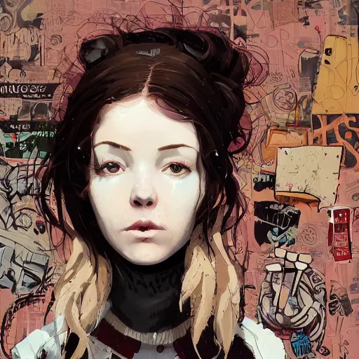 Image similar to highly detailed portrait of a sewer punk lady, tartan hoody, white ringlet hair by atey ghailan, by greg rutkowski, by greg tocchini, by james gilleard, by joe fenton, by kaethe butcher, gradient peach, brown, blonde cream and white color scheme, grunge aesthetic!!! ( ( graffiti tag wall background ) )