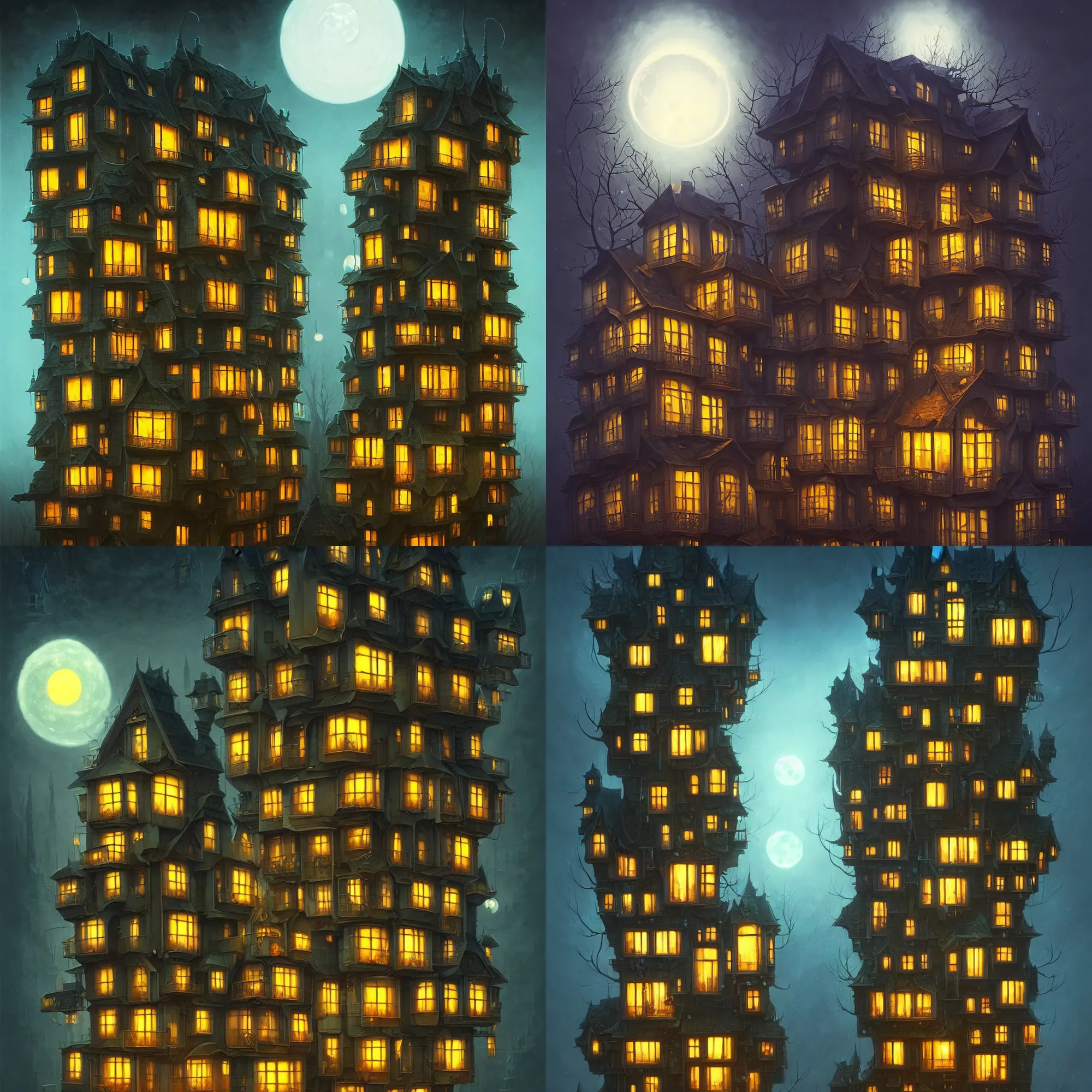 Prompt: a single apartment building in a moonlit night in the style of peter mohrbacher and jacek yerka and alejandro burdisio