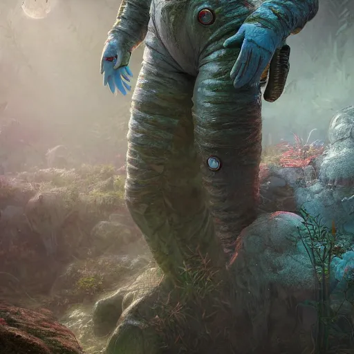 Prompt: soft painting render curiosities alien desolated world pond vegetation rocks, beautiful woman in spacesuit, omnious, horror, accurate features, focus, very intricate ultrafine details, random volumetric lighting, dense fog, award winning masterpiece, octane render 8 k hd, artstation