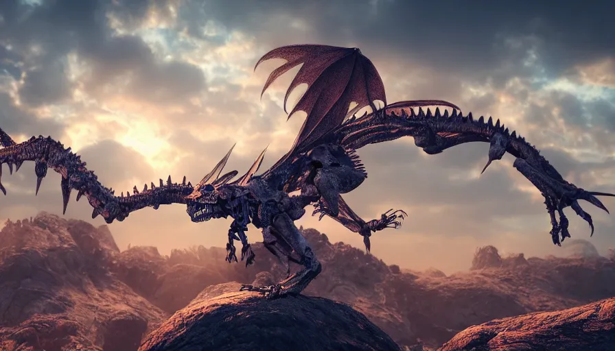 Prompt: hyper realistic highly detailed nature photography of a skeleton dragon, prehistoric planet, volumetric lighting, octane render, 4 k resolution, golden hour